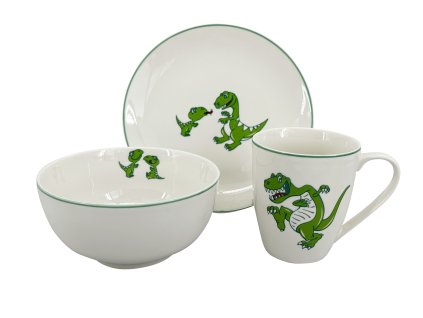 28442 tridilny detsky porcelanovy jidelni set by inspire dino obsahuje talir 19 cm misku 14 cm a hrnek 250 ml s veselym motivem zeleneho dinosaura a zelenou linkou