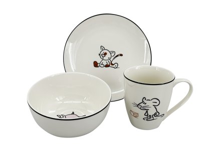 28433 tridilny detsky porcelanovy jidelni set by inspire s motivem kocky mysi a prasatka s cernou linkou obsahuje talir 19 cm misku 14 cm a hrnek 250 ml