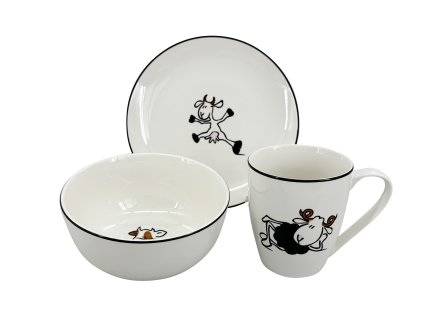 28436 tridilny detsky porcelanovy jidelni set by inspire zviratka z farmy obsahuje talir 19 cm misku 14 cm a hrnek 250 ml s motivem vesele skakajici kravicky a cernou linkou