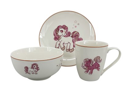 28445 tridilny detsky porcelanovy jidelni set by inspire pony obsahuje talir 19 cm misku 14 cm a hrnek 250 ml s roztomilym motivem ponika a ruzovou linkou