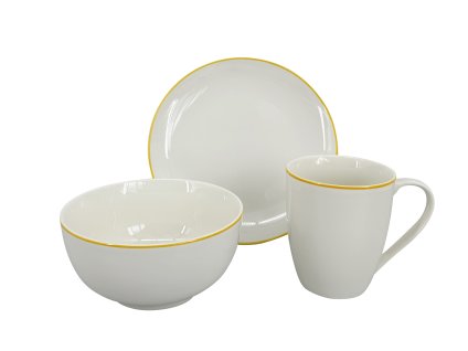 27518 tridilny snidanovy porcelanovy set by inspire milo s zlutou linkou obsahuje talir 19 cm misku 14 cm a hrnek 250 ml baleno v darkove krabicce