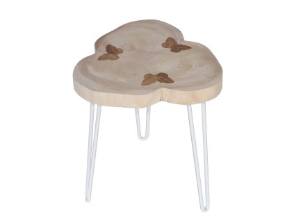 28499 drevena stolicka natural trio 40 cm sedak z paulovnie dreva ve tvaru trojlistku stojici na bilych kovovych hairpin nohach