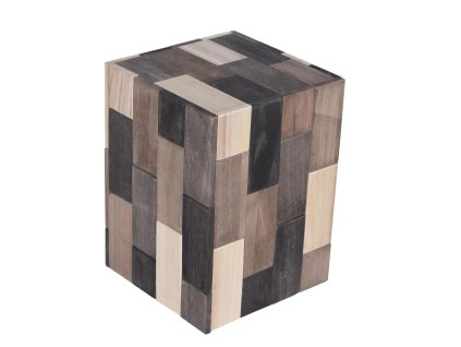 28496 odkladaci stolek patchwood 40 cm mozaika z recyklovanych drevenych kvadru v ruznych odstinech hnede a sede s vnitrnim uloznym prostorem ze svetleho dreva