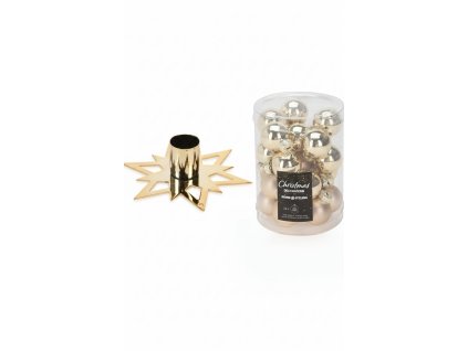 28613 1 zlaty kovovy svicen ve tvaru hvezdy a pruhledna tuba obsahujici 24 ks malych sklenenych banek ve zlate barve leskle i matne