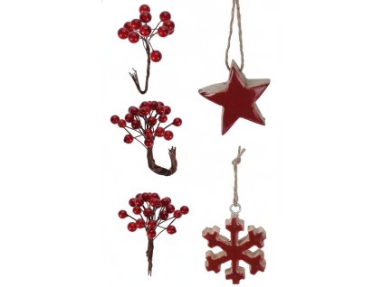 28619 sada 5 ks vanocnich dekoraci cervene umele jerabiny na dratku a drevena hvezda s vlockou z mangoveho dreva s cervenou glazurou na jutovem provazku