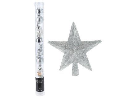 28607 set stribrne trpytive hvezdy na vanocni stromek s tubou 9 sklenenych vanocnich ozdob vcetne kouli a figurek santa clause