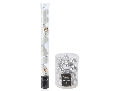 28610 set vanocnich dekoraci pruhledna tuba s 9 bilymi sklenenymi ozdobami koule a figurky santa clause a stromku a plastovy box s 24 stribrnymi sklenenymi koulemi 2 5 cm leskle a matne