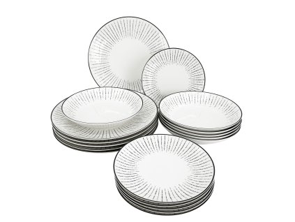 28562 4 18dilna sada porcelanovych taliru linea dash skladane melky hluboky a dezertni talir s cernobilym dekorem prerusovanych car dash pro 6 osob