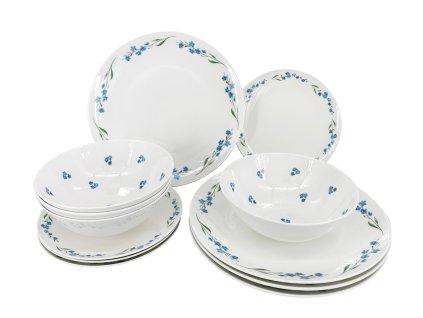26756 12dilna porcelanova jidelni sada taliru luna pomnenka bila kulaty tvar dekor modre kytky