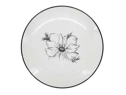 29058 pohled shora na dezertni porcelanovy talir linea dash s velkym cernym kvetem uprostred