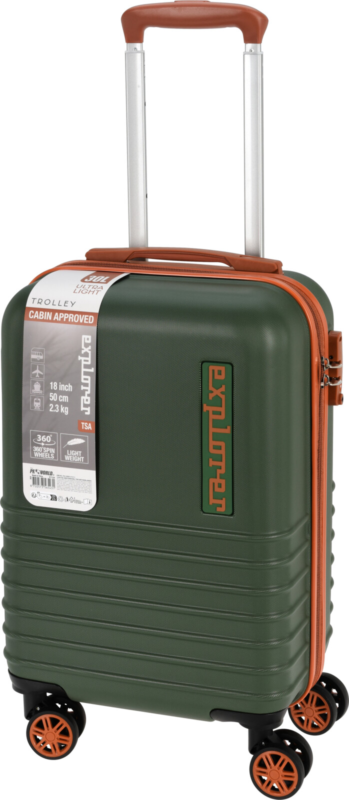 H&L Cestovní kufr Explorer 18" – zelená/koňaková, malá velikost, kabinový, TSA zámek