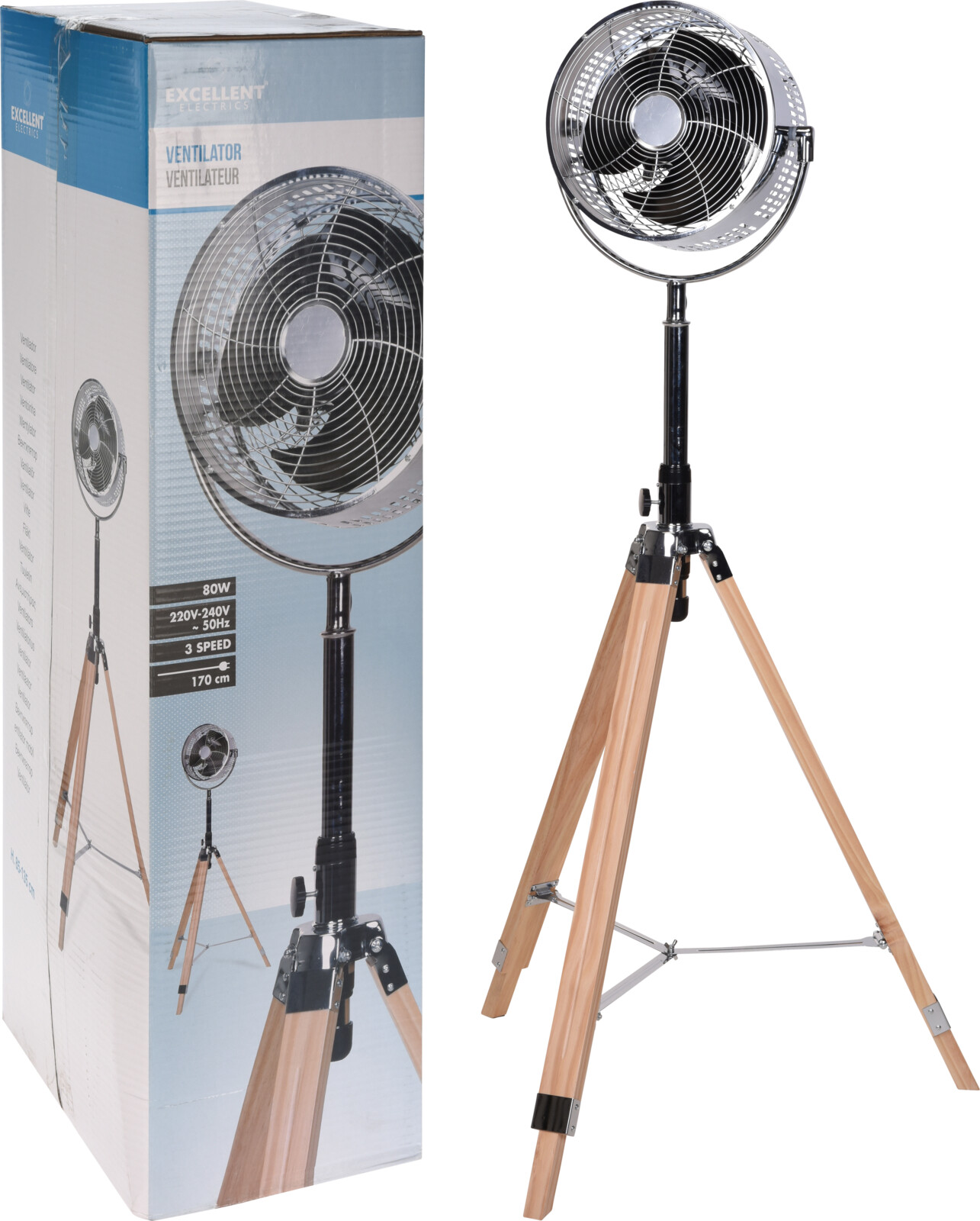 H&L Kovový stojící ventilátor Tripod, 135cm, černá,dřevo
