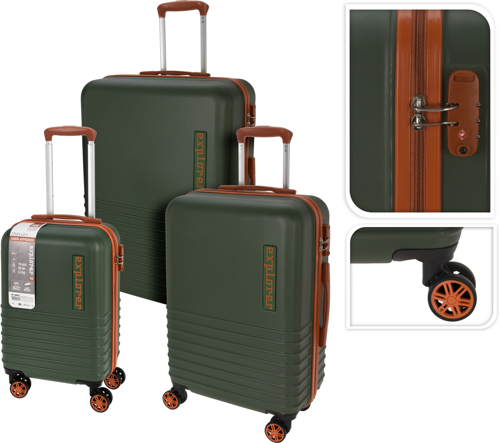 H&L Sada kufrů Explorer 3 ks – 18", 22", 26", zelená/koňaková, TSA zámek