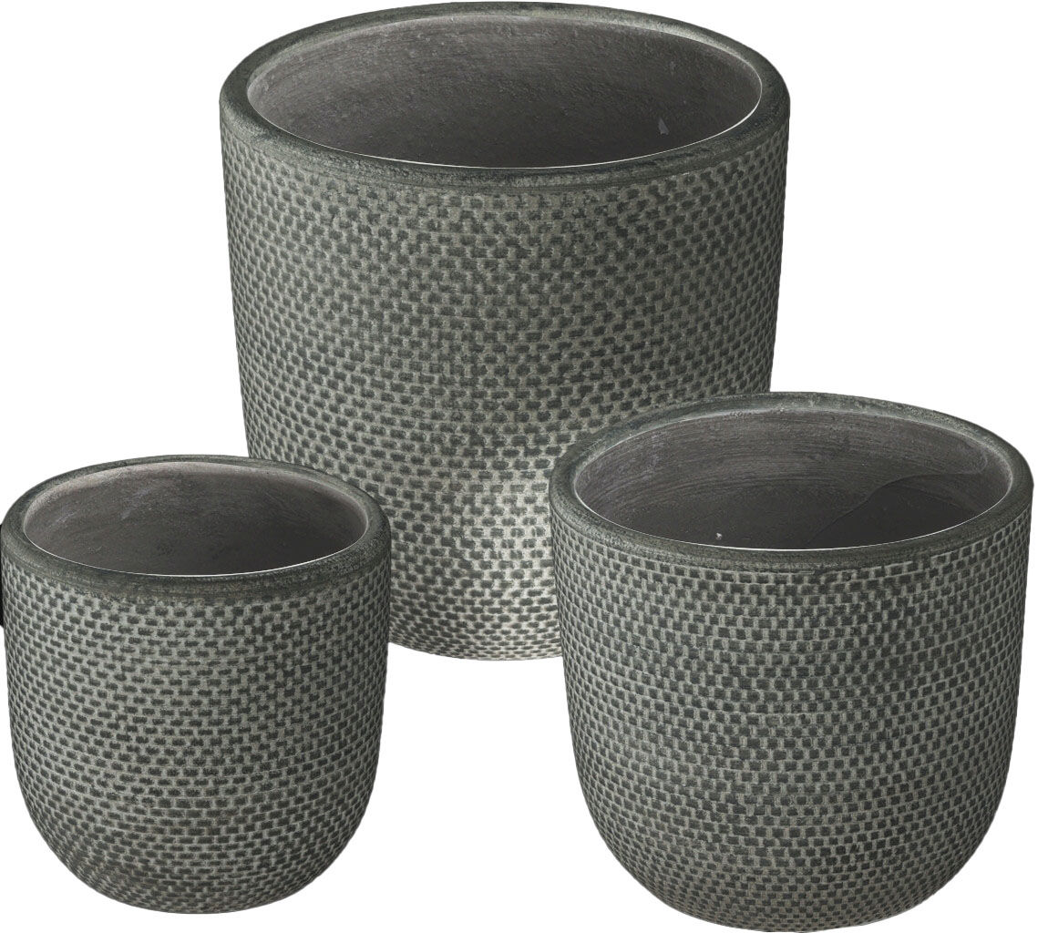 H&L Sada květináčů Weave – tmavěšedá, 3 ks, tři různé velikosti, s matnou texturou