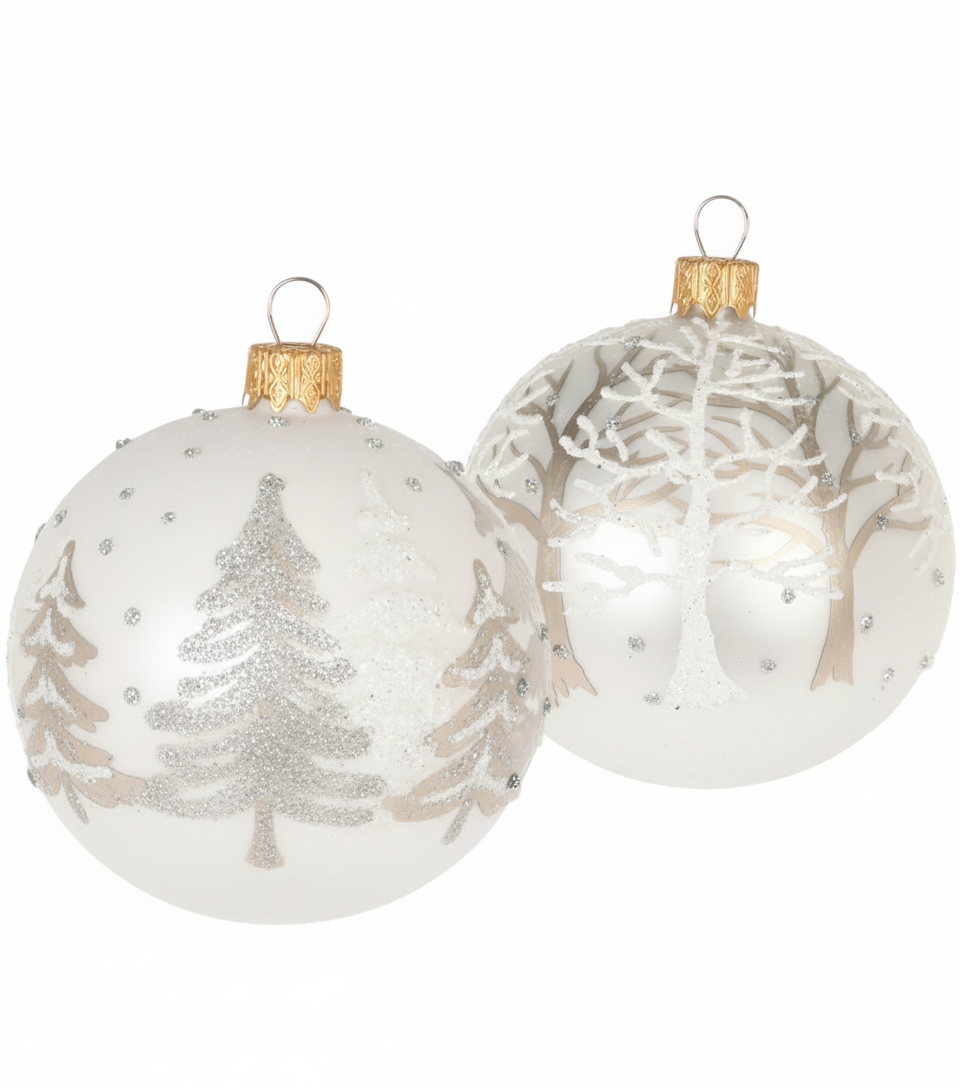 H&L Sada 2 ks - Vánoční koule skleněná se stromky, bílá/perleťová (8 cm)