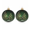 27605 set dvou zelenych sklenenych vanocnich kouli o prumeru 8 cm obe koule maji motiv jehlicnanu s bilymi teckami na syte zelenem podkladu