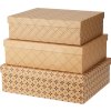 28187 sada tri stohovanych obdelnikovych darkovych krabic s vikem krabice jsou v prirodnim kraft bezovem tonu a kazda ma jiny hnedy geometricky vzor
