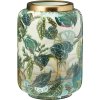 28262 kovova vaza tropico s valcovitym tvarem s potiskem zelenych a modrych tropickych listu a sirokym lesklym zlatym okrajem