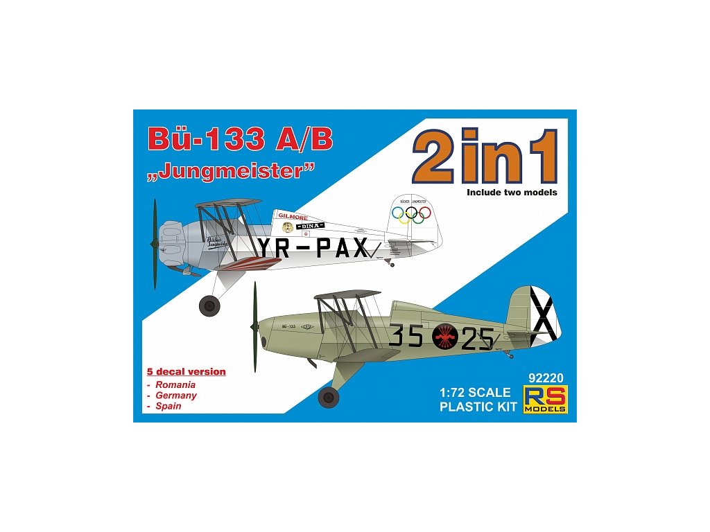 Plastikový model letadla 1/72 Bücker 133 A/B "Jungm." double kit 5 decal v. for Romania, Germany, Sp