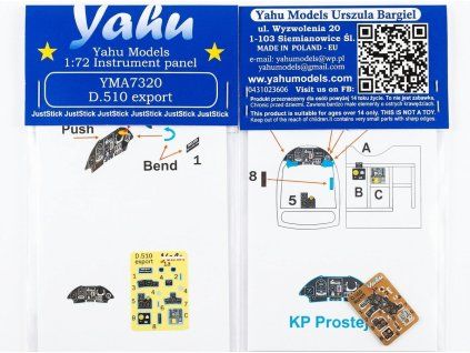 Yahu Models 1/72 Devoitine D.510 export barevná přístrojová deska pro KP Prostejov