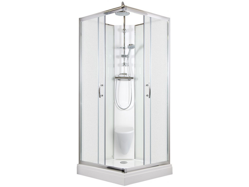 Sprchový box SMARAGD model 7 čtverec s vaničkou z litého mramoru, sedátkem a sprchovou termostatickou tyčí s horní sprchou, matné chinchila sklo