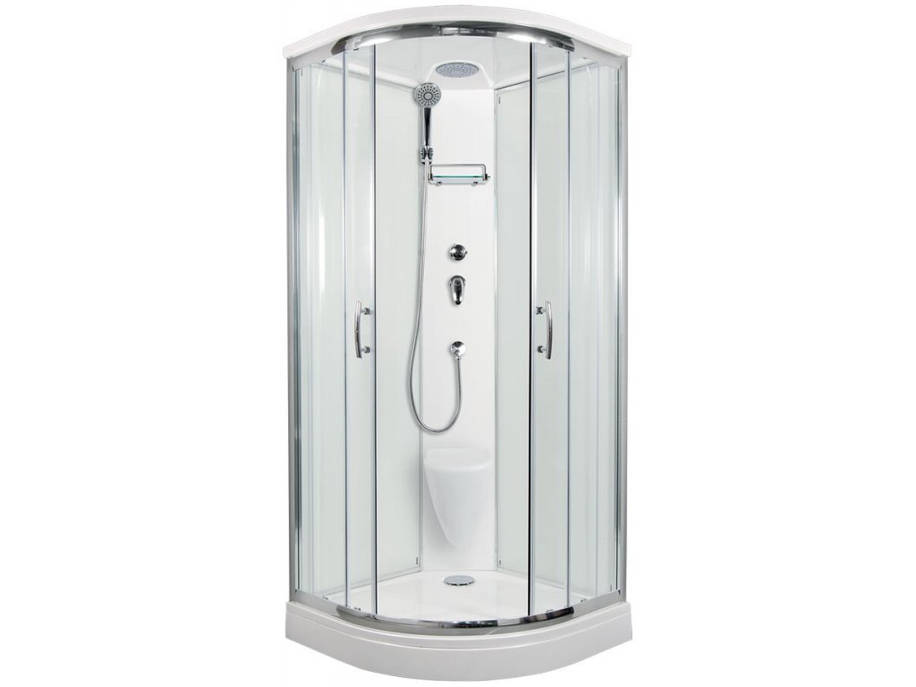 Sprchový box BRILIANT model 2 čtvrtkruhový s vaničkou z litého mramoru, sedátkem a stropem s horní sprchou, čiré sklo
