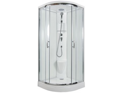 Sprchový box BRILIANT model 3 čtvrtkruhový s vaničkou z litého mramoru, sedátkem, poličkou a stropem s horní sprchou, čiré sklo