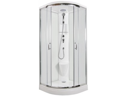 Sprchový box BRILIANT model 3 čtvrtkruhový s vaničkou z litého mramoru, sedátkem, poličkou a stropem s horní sprchou, matné chinchila sklo