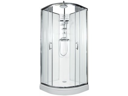 Sprchový box BRILIANT model 6 čtvrtkruhový s vaničkou z litého mramoru a sprchovou termostatickou tyčí s horní sprchou, čiré sklo
