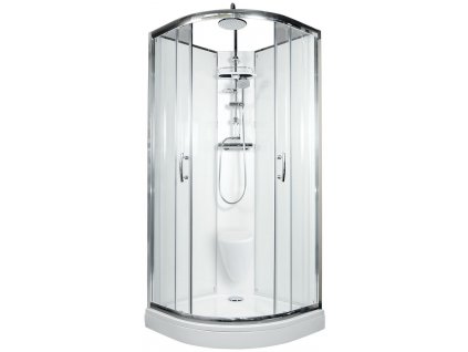 Sprchový box BRILIANT model 7 čtvrtkruhový s vaničkou z litého mramoru, sedátkem a sprchovou termostatickou tyčí s horní sprchou, čiré sklo