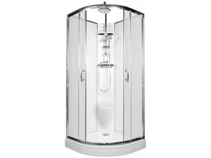 Sprchový box BRILIANT model 7 čtvrtkruhový s vaničkou z litého mramoru, sedátkem a sprchovou termostatickou tyčí s horní sprchou, matné chinchila sklo