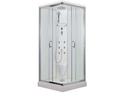 Masážní sprchový box SMARAGD model 5 čtverec s vaničkou z litého mramoru, masážními tryskami a stropem s horní sprchou, čiré sklo