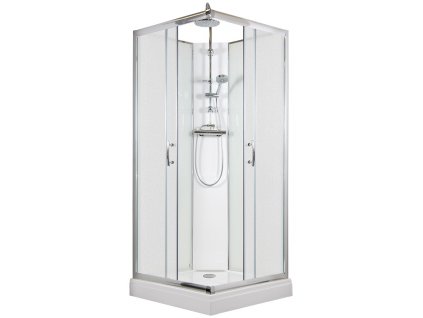 Sprchový box SMARAGD model 6 čtverec s vaničkou z litého mramoru a sprchovou termostatickou tyčí s horní sprchou, matné chinchila sklo