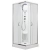 Parní sprchový box SMARAGD model 8 čtverec s vaničkou z litého mramoru, sedátkem, rádiem, parním vyvíječem, a stropem s horní sprchou, matné chinchila sklo