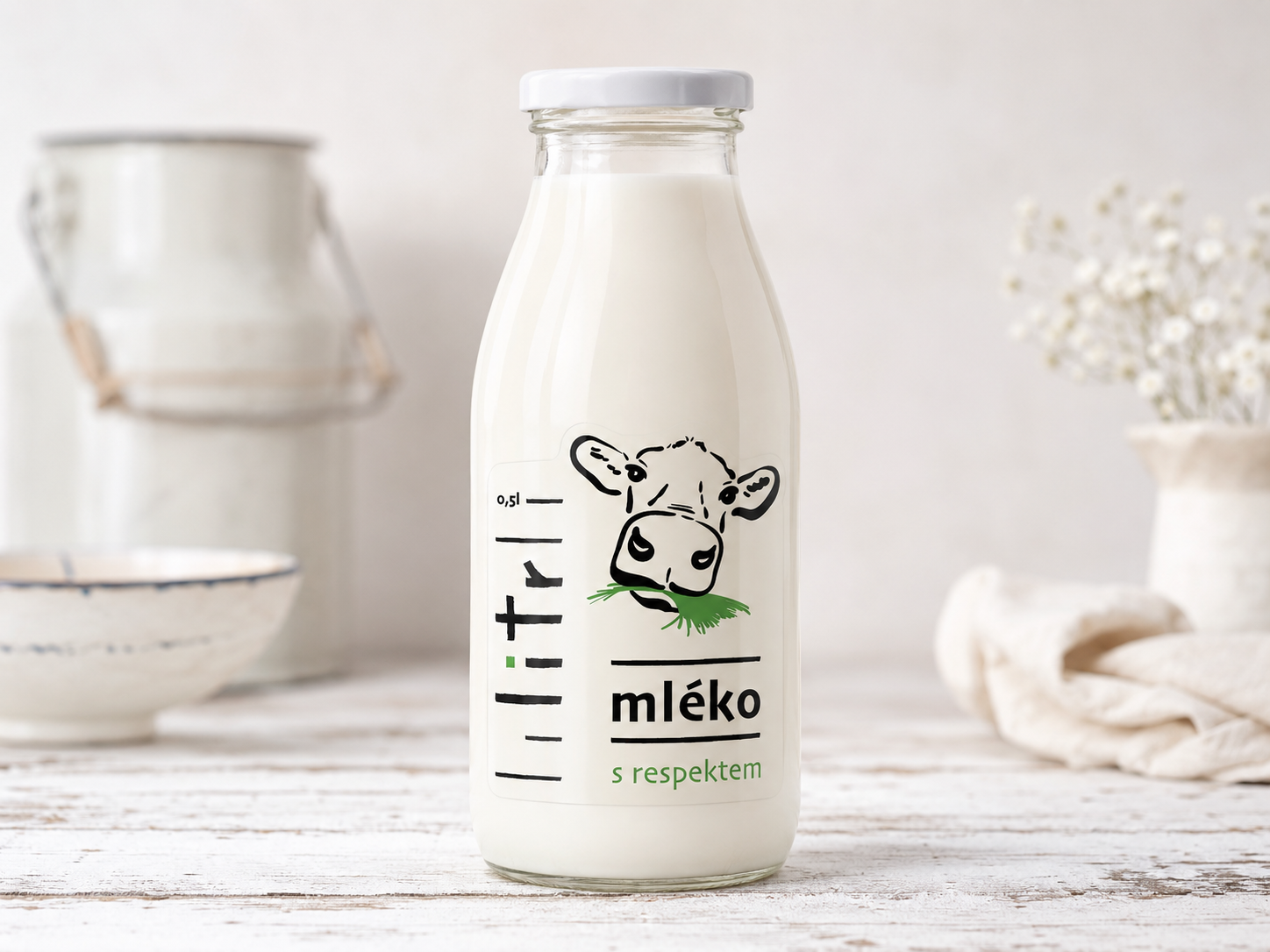 Čirá etiketa na skleněnou lahev mléka