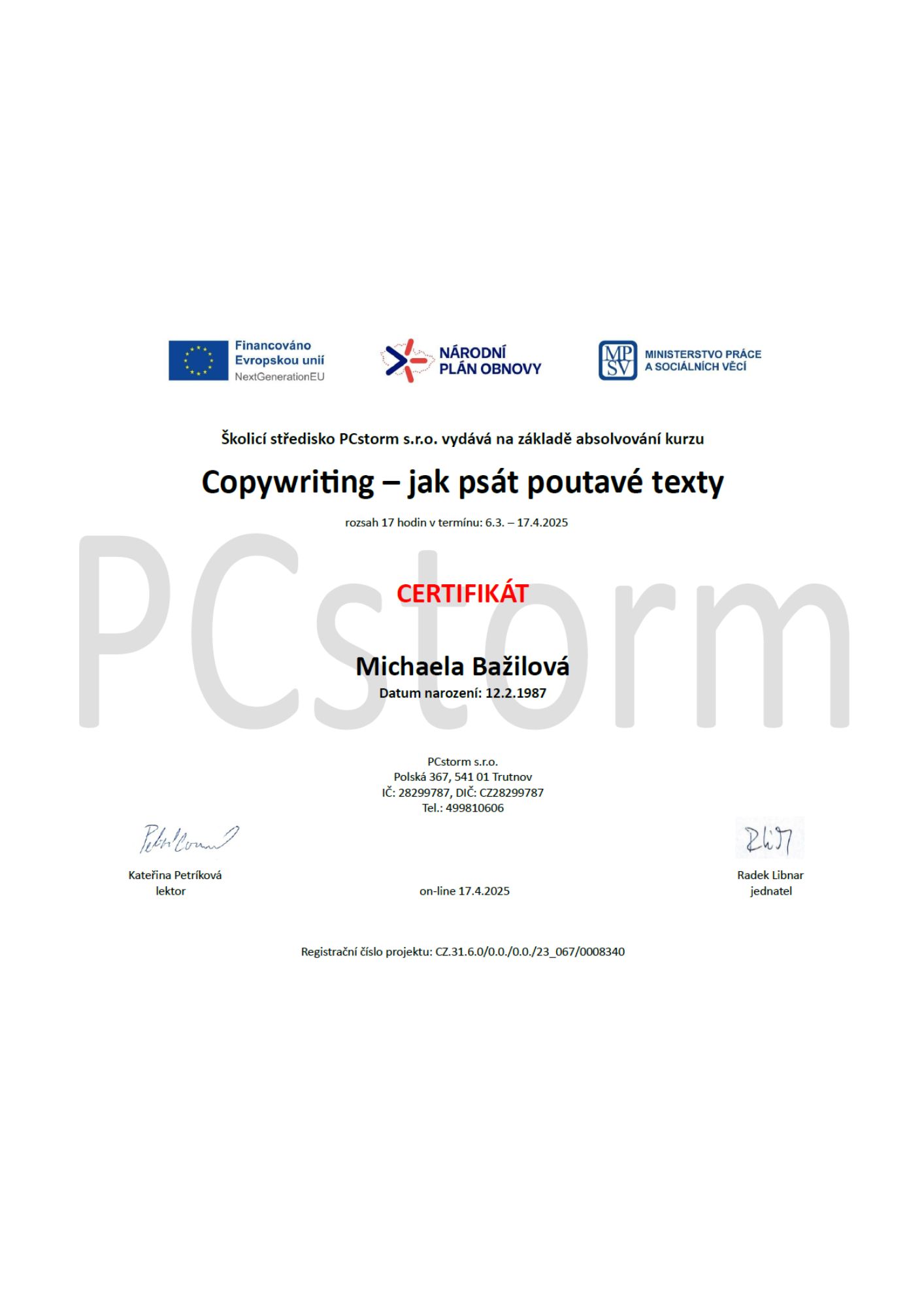 Certifikát copywriting Michaela Bažilová