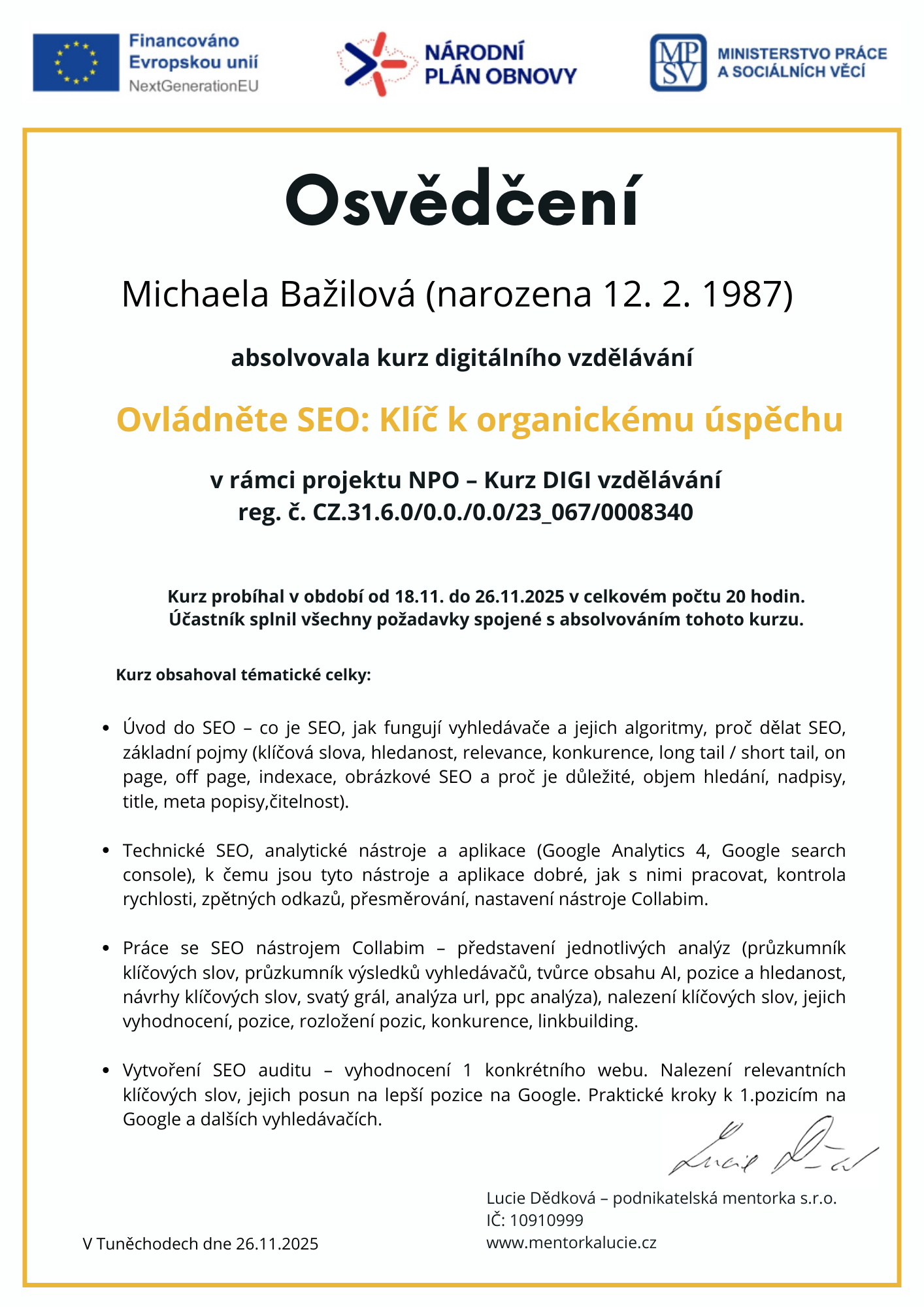 Certifikát z kurzu SEO, Michaela Bažilová