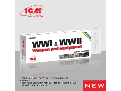 ICM WWI & WWII Weapon and Equipment - acrylic paint set 
6 bottles х 12 ml