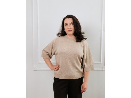 damsky svetr z merino vlny a kasmiru s kratkym rukavem bezova astely.store