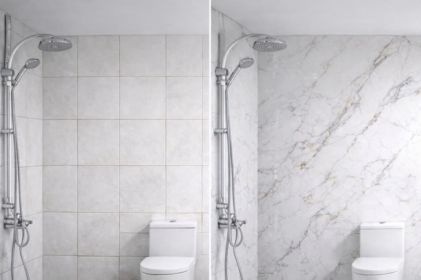 before and after bathroom renovation using PVC wall panels without demolition