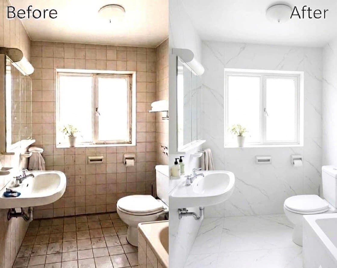 Badezimmer vorher und nachher mit PVC Wandpaneelen ohne Abriss renoviert