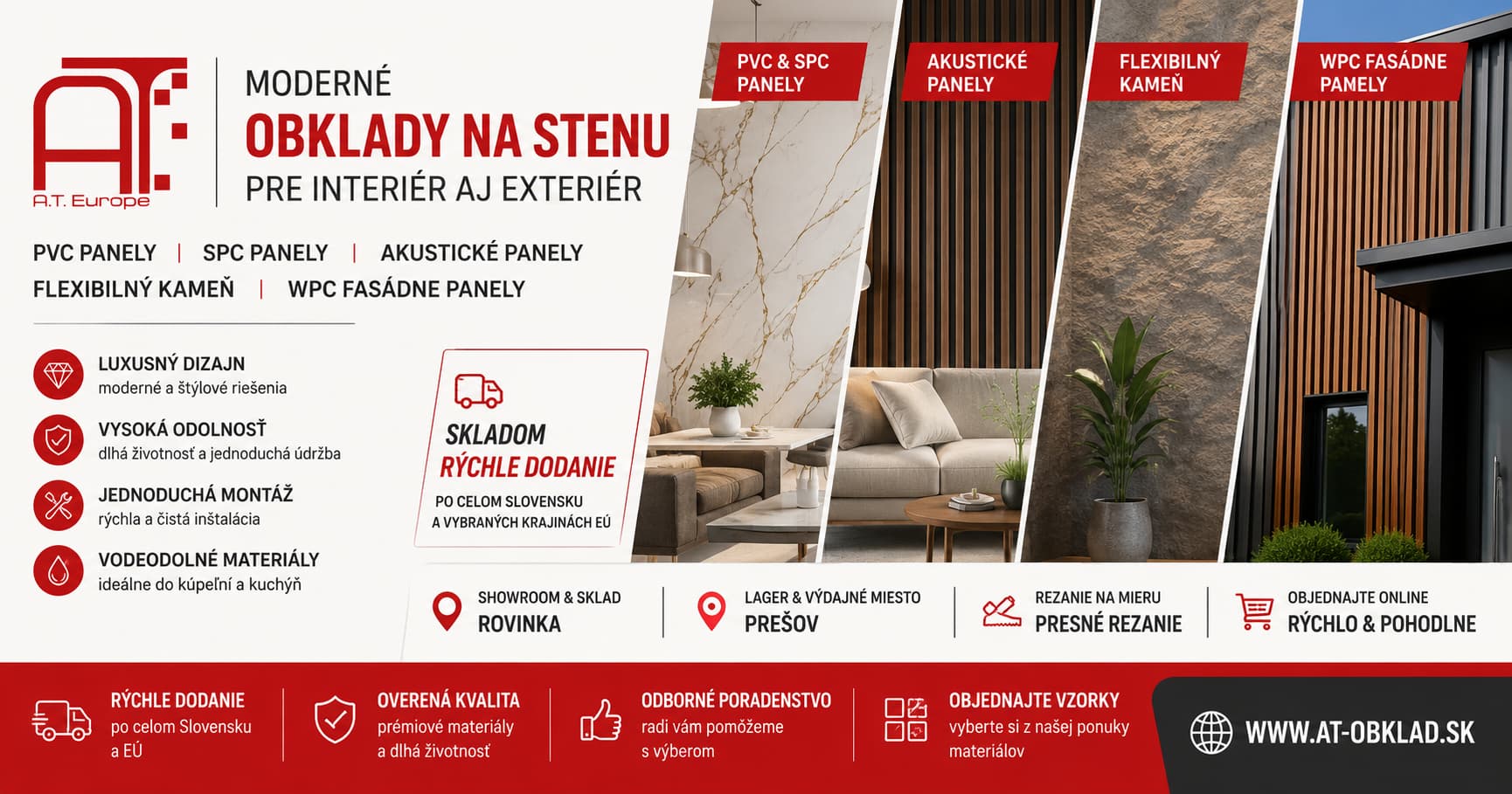 Obklady na stenu AT-Europe – PVC a SPC panely, akustické panely, flexibilný kameň a WPC fasádne panely