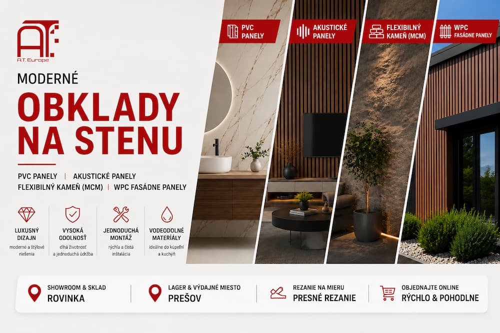 Obklady na stenu AT-Europe – PVC a SPC panely, akustické panely, flexibilný kameň a WPC fasádne panely