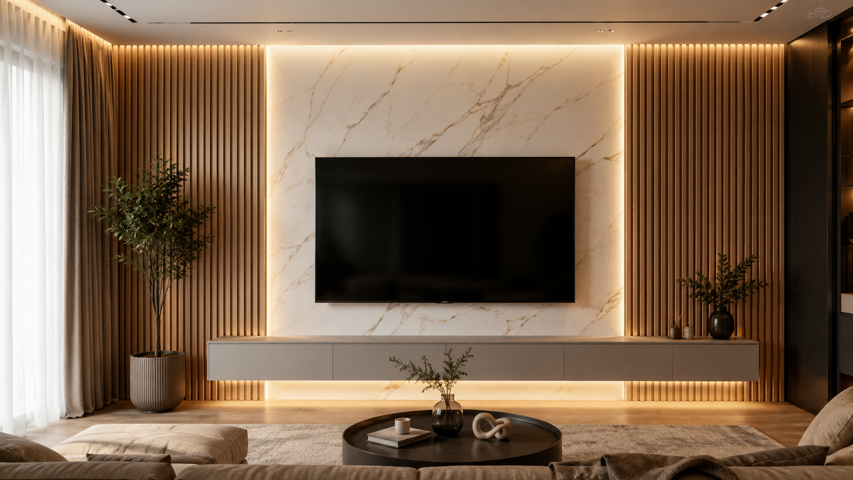 Moderná TV stena z PVC panelu Carrara Gold a dubových lamiel s LED podsvietením