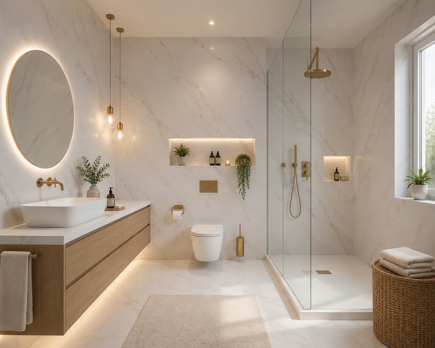 Kúpeľňa s PVC panelom Calacatta White a LED zrkadlom