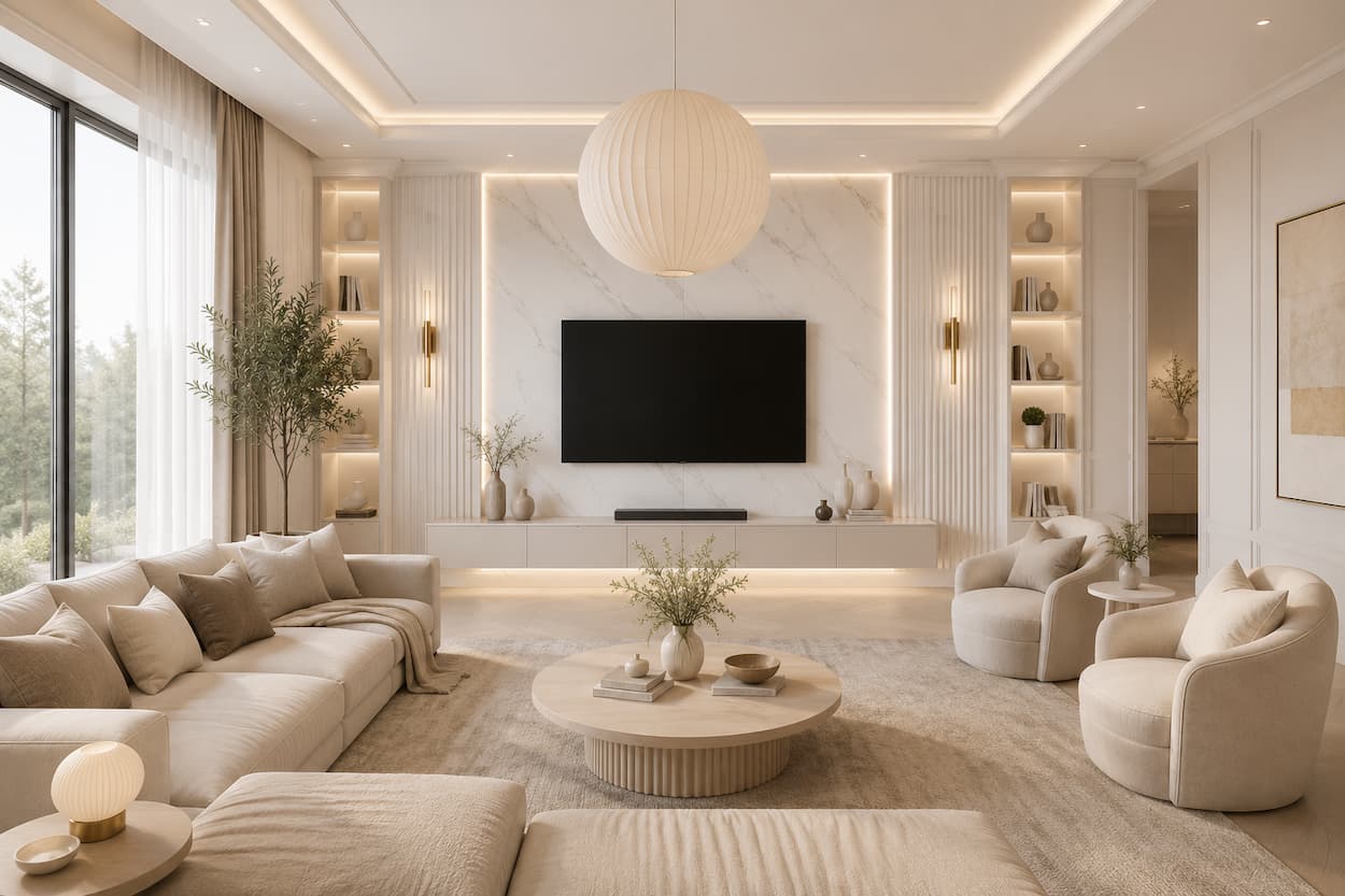 Moderná TV stena Calacatta White s bielymi akustickými lamelami a LED podsvietením