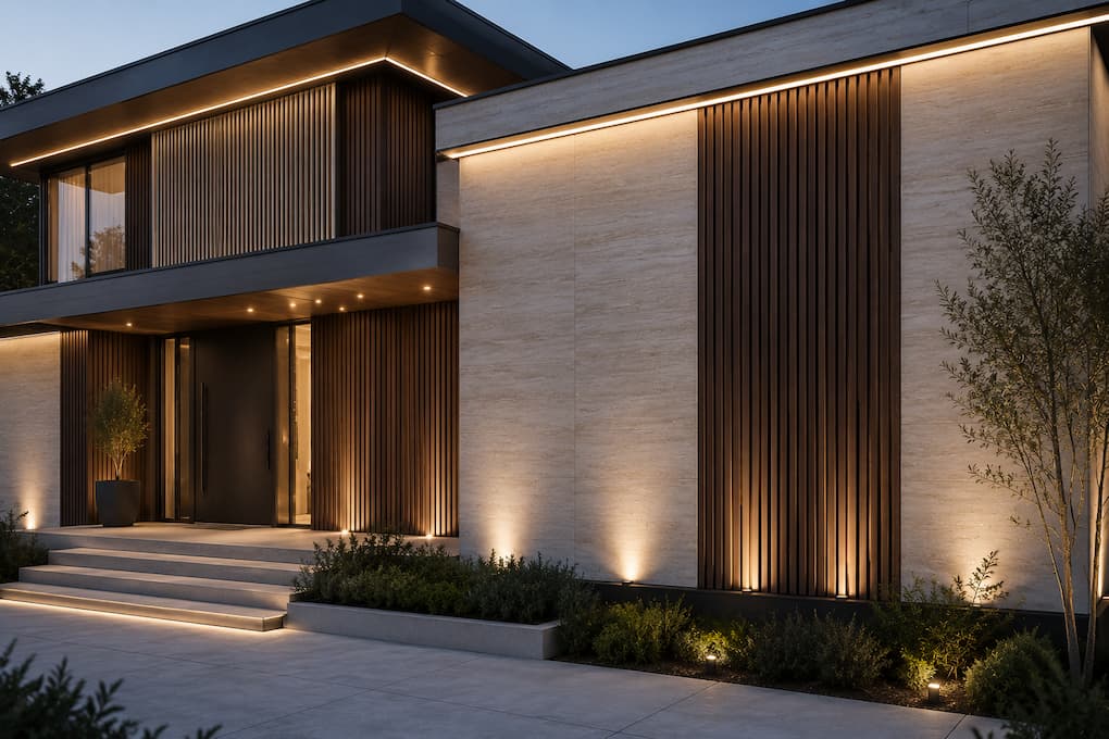 Flexibilný kamenný obklad MCM Light Beige Travertine v kombinácii s WPC fasádnymi lamelami na modernej fasáde rodinného domu