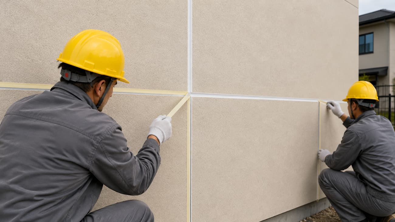 Odstraňovanie maskovacej pásky po čiastočnom zaschnutí škárovacej hmoty pri montáži flexibilného kamenného obkladu 60 × 120 cm.