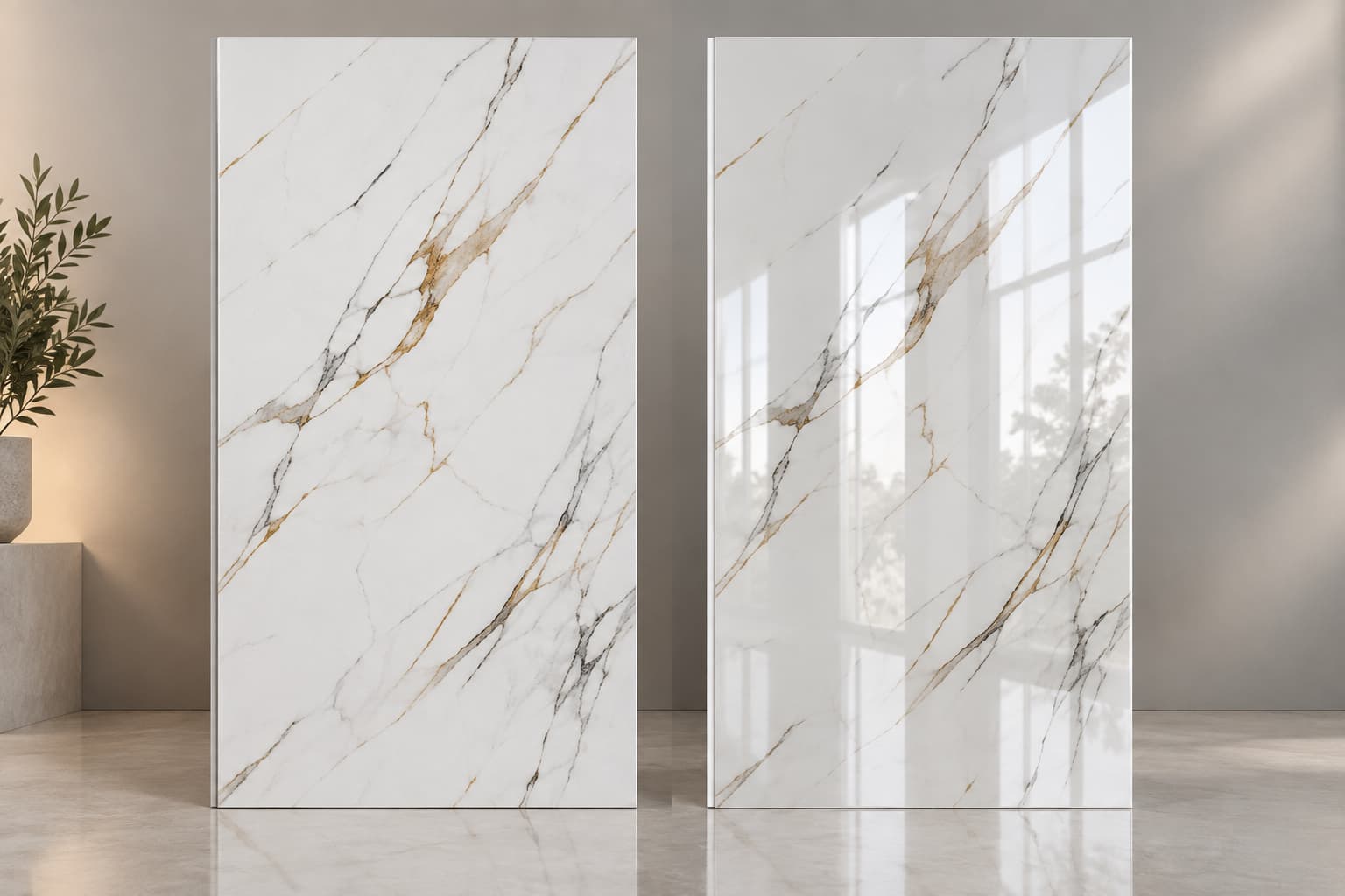 Porovnanie lesklého PVC panelu Carrara Gold a matného PVC panelu s detailom povrchu a tenkej hrany.