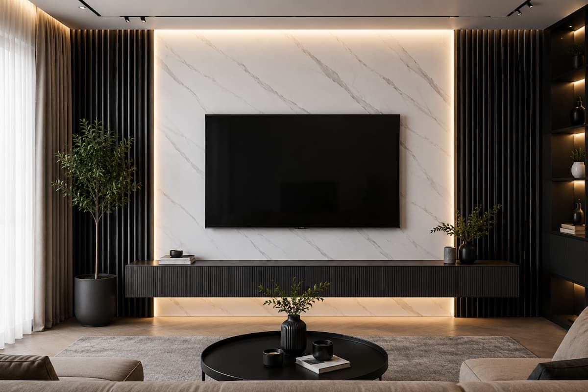 Elegantná TV stena Calacatta White v kombinácii s čiernymi akustickými lamelami a LED osvetlením
